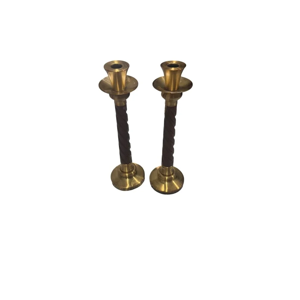 Vintage Brass and Barley Twist Wood Taper Candlestick Holders Pair 9 Inch
